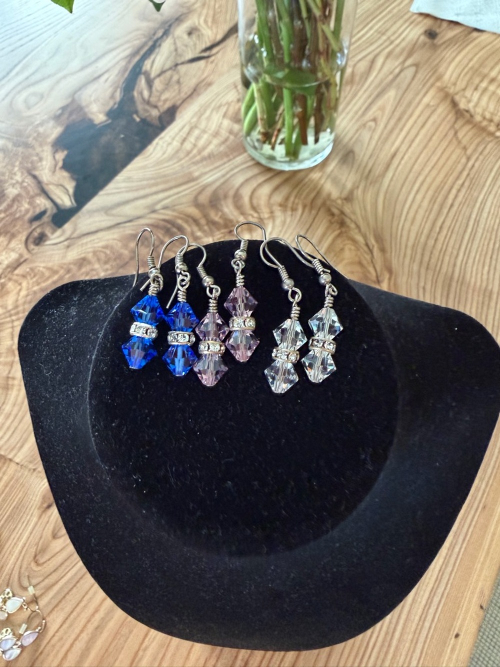 Handmade Crystal Dangle Earrings - Blue, Pink, Clear